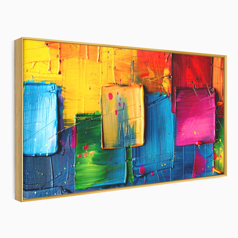 Tablou canvas cu pictura abstracta cu patrate colorate in relief, in rama de aluminiu auriu
